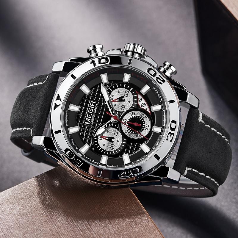 Men's Army Sports Chronograph Quartz Watches Leather Strap Luminous Waterproof Wristwatch Man Relogios Clock 2094 Silver
