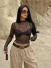 European Style Women's Sexy Round Neck Long Sleeve Mesh See-Through Cropped Top, 2026 Collection.
