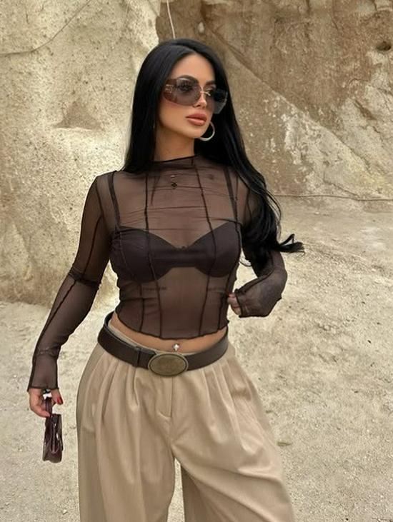 European Style Women's Sexy Round Neck Long Sleeve Mesh See-Through Cropped Top, 2026 Collection.