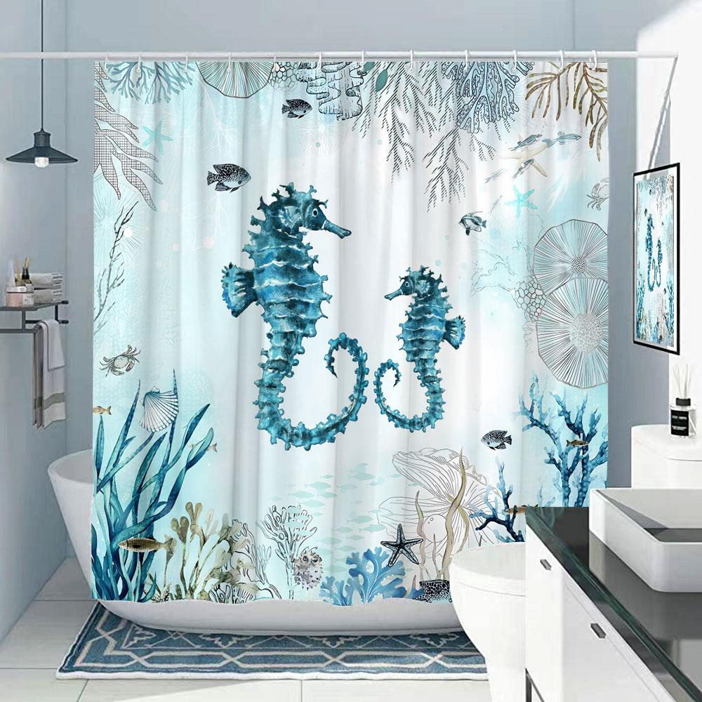Octopus Bath Shower Curtain Nautical Ocean Sea Turtle Beach Coastal Navy Blue Fish Seashell Jellyfish Fabric Bath Curtains Bathroom Decor