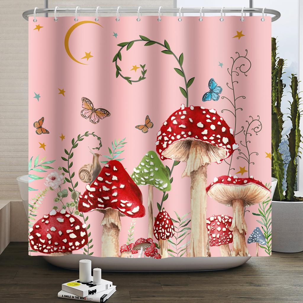 Гриб Занавеска для душа Цветок Зеленый лист Растение Лес Бабочка Ботанический Цветочный Белка Эстетика Водонепроницаемая Занавеска для ванной
