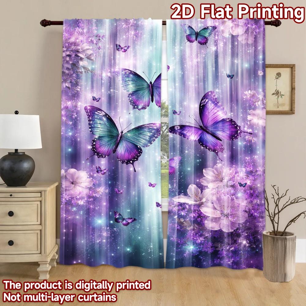 2D flat printing 2pcs Curtain Scene Curtain Butterflies with Purple Glow Digital Printed Polyester Drapes Holiday Decorations