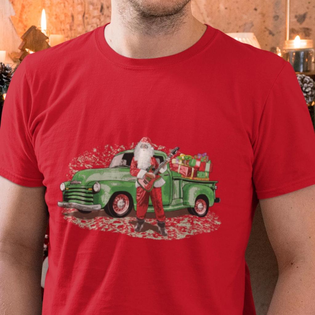 Guitar Santa Unisex Jersey Tee, Santa Claus with Chevy Truck full of Presents