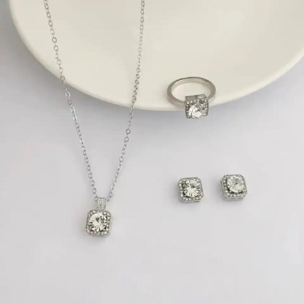 Pendant Square Necklace Crystal Ear Studs Exquisite Cube Jewelry Set  Girls