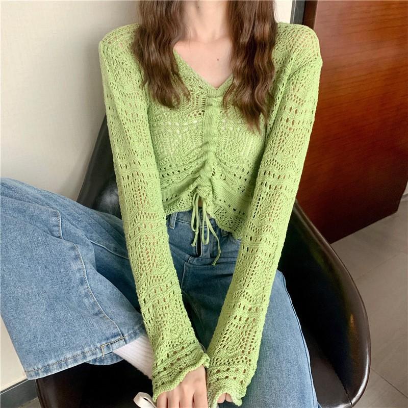 Chic Hollow Drawstring Knitted Sweater Women's Spring and Summer Small Sweet and Spicy Design Sense V-neck Lace-up Short Top