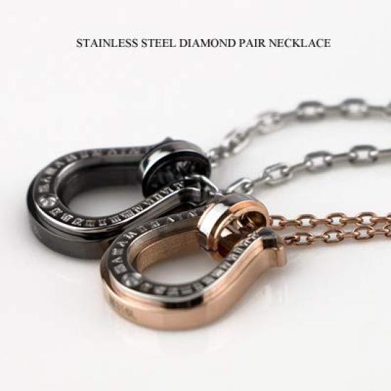Pair Necklace Diamond Surgical Stainless Steel Horseshoe Motif Black Pink [White Clover] &