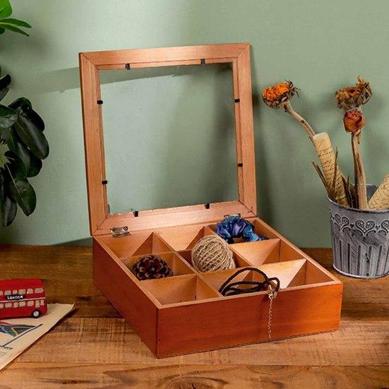 Деревянный ящик для хранения с 9 отделениями, коробка для коллекции камней с прозрачной акриловой крышкой, ретро-кейс для хранения ювелирных изделий, кристаллов и мелких предметов коллекционирования