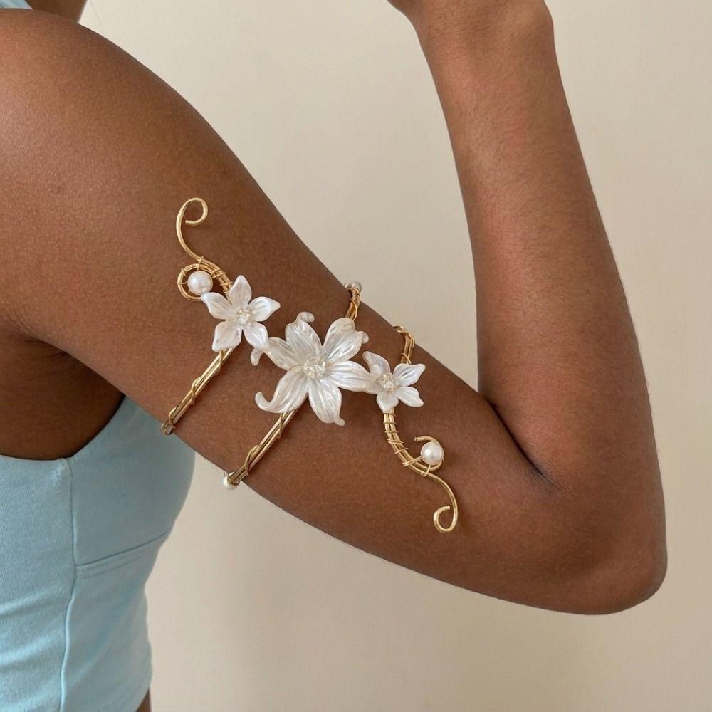 Gold Color Metal Flower Cuff Bracelet Enamel Glaze Craft Open Arm Ring  Beach Vacation