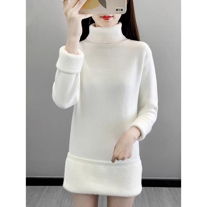 Зимний новый флисовый утолщенный термобелье базовый слой свитер женский с высоким воротом и длинными рукавами миди платье