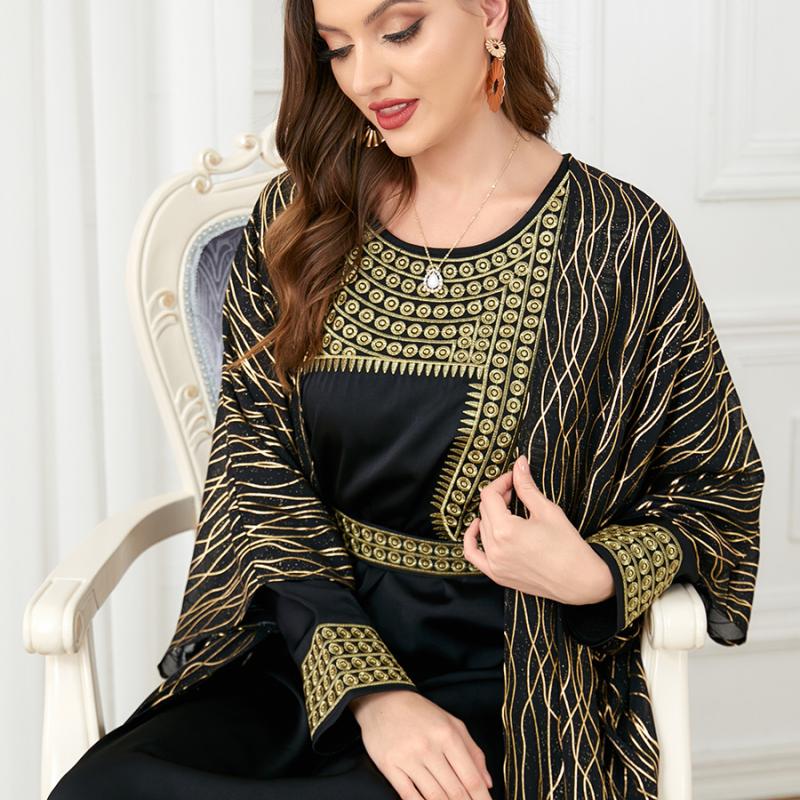 Ближневосточное мусульманское женское абайя с круглым вырезом, вышитым и позолоченным, с длинными рукавами, европейское и американское внешнеторговое платье из двух частей