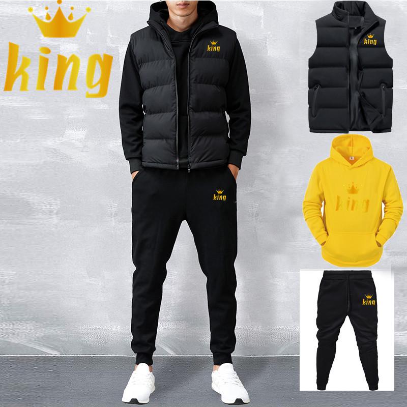 Men Spring Winter Fleece Hoddies Set Casual Sets Vest + Hoodies + Pants 3 Piece Set Male Tracksuit Sportswear Set