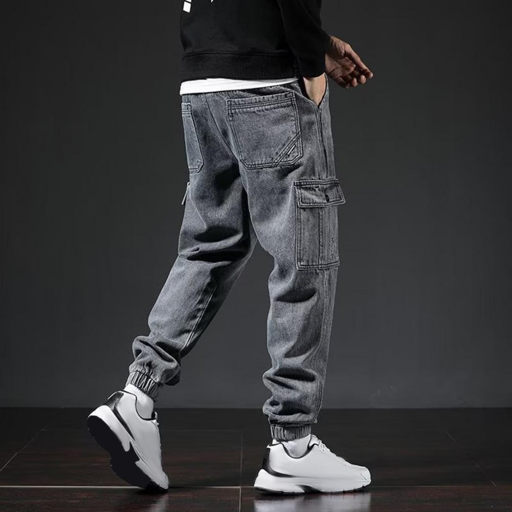 Мужские брюки-карго, свободные, однотонные, с несколькими карманами, с эластичной резинкой на щиколотке, со средней талией, в стиле ретро, мягкие, дышащие, уличная одежда, большие размеры для мужчин