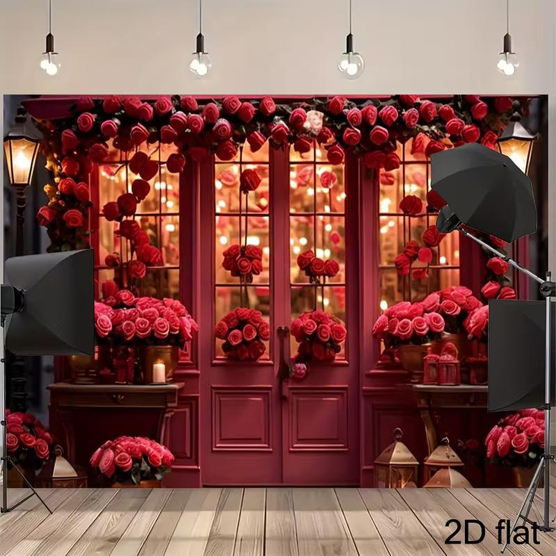 2D Red Rose Door Romantic Backdrop Valentine's Day Couple Photoshoot Background