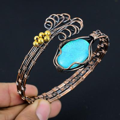 Браслет с австралийским опалом-триплетом, Браслет из драгоценного камня ручной работы, Антикварное украшение, обернутое медной проволокой 999 пробы, Для подарка на помолвку