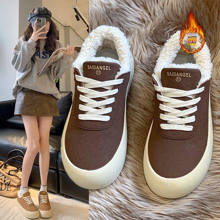 Маленькие белые туфли на толстой подошве, женские, новинка 2024 года, обувь из овечьей шерсти, повседневная обувь из бархата, теплая спортивная обувь из хлопка