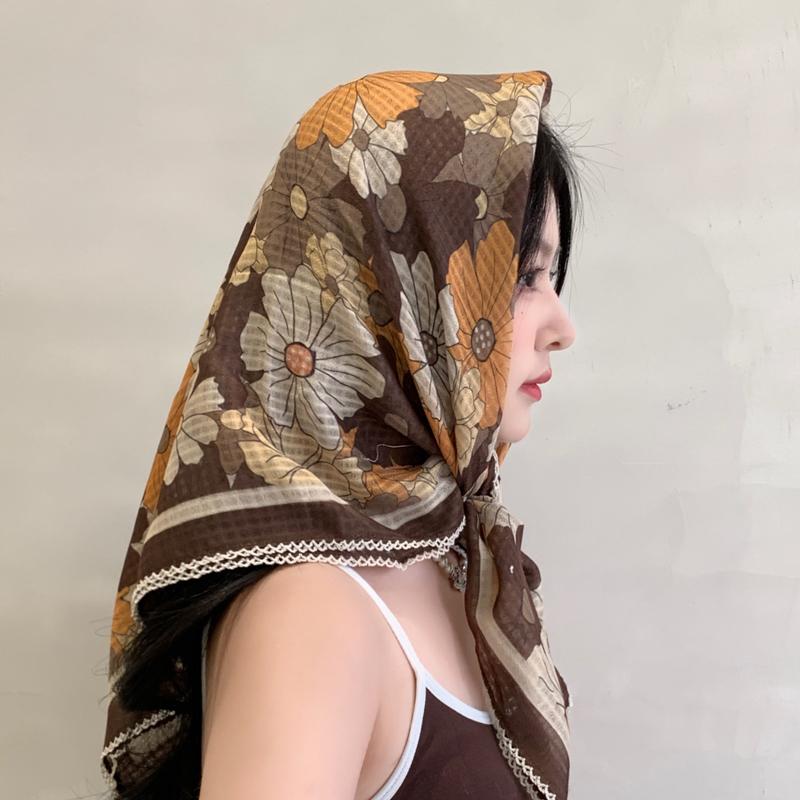 91Cm small floral large square scarf cotton and linen silk scarf women's versatile thin sunscreen scarf shawl outer headscarf yarn