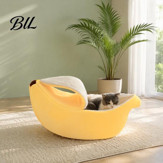 Decorative Pet Furniture for Home Banana Cat Bed, Plush Cave Bed with Lid, Fleece Lined, Cozy Soft Enclosed Hideaway, Warm Semi Cats, Small