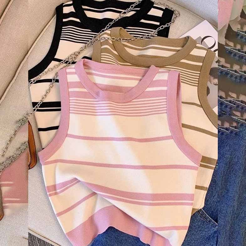 Women's Ice Silk Knit Hot Girl Camisole Summer Outer Wear Short Sleeveless T-shirt Sexy Stripe Top