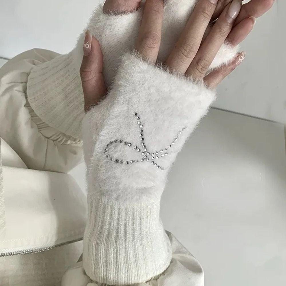 Hotfix Rhinestone Bow Gloves Plush Half Finger Mittens Soft Knitted Gloves  Outdoor