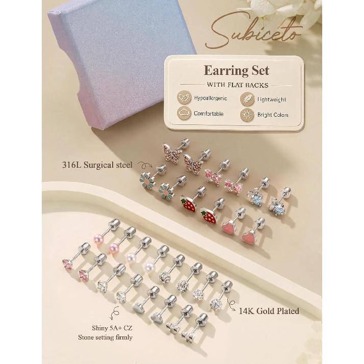 14 Pair Hypoallergenic Stud Earrings for Women Surgical Stainless Steel Screw Back Earrings for Sensitive Ears Cute Pearl Bow Heart Butterfly Studs