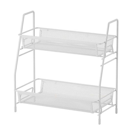 Double Layer Storage Rack with Side Storage Basket Hollow Mesh Iron Detachable Stable Anti-skid
