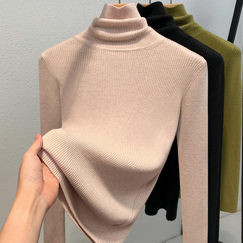 Женский осенне-зимний вязаный свитер с высоким воротом, джемпер чистого цвета