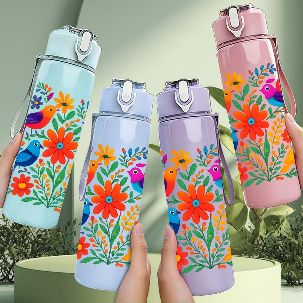 1PC Colorful Tropical Bird Group 750ml Color Plastic Sports Water Bottle Leakproof Flip Straw Lid For Sports Office Home Use