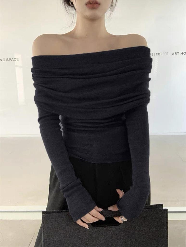 Женский облегающий трикотажный топ с открытыми плечами во французском стиле: Плиссированный дизайн Весна/Осень