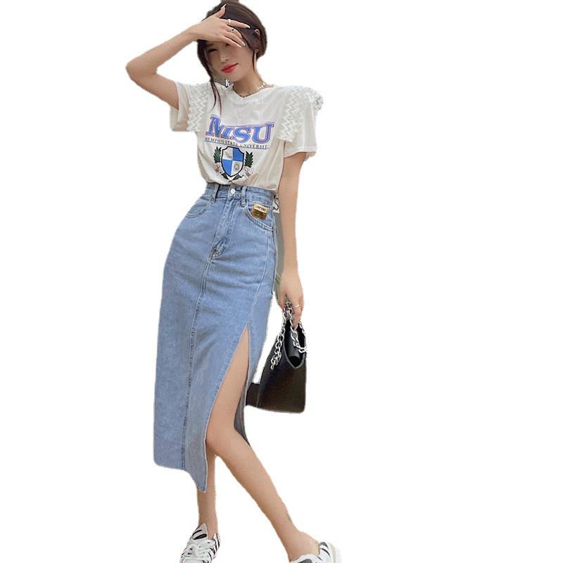 2021 Women's High Waist Slim Fit Denim Midi Skirt with Side Slit