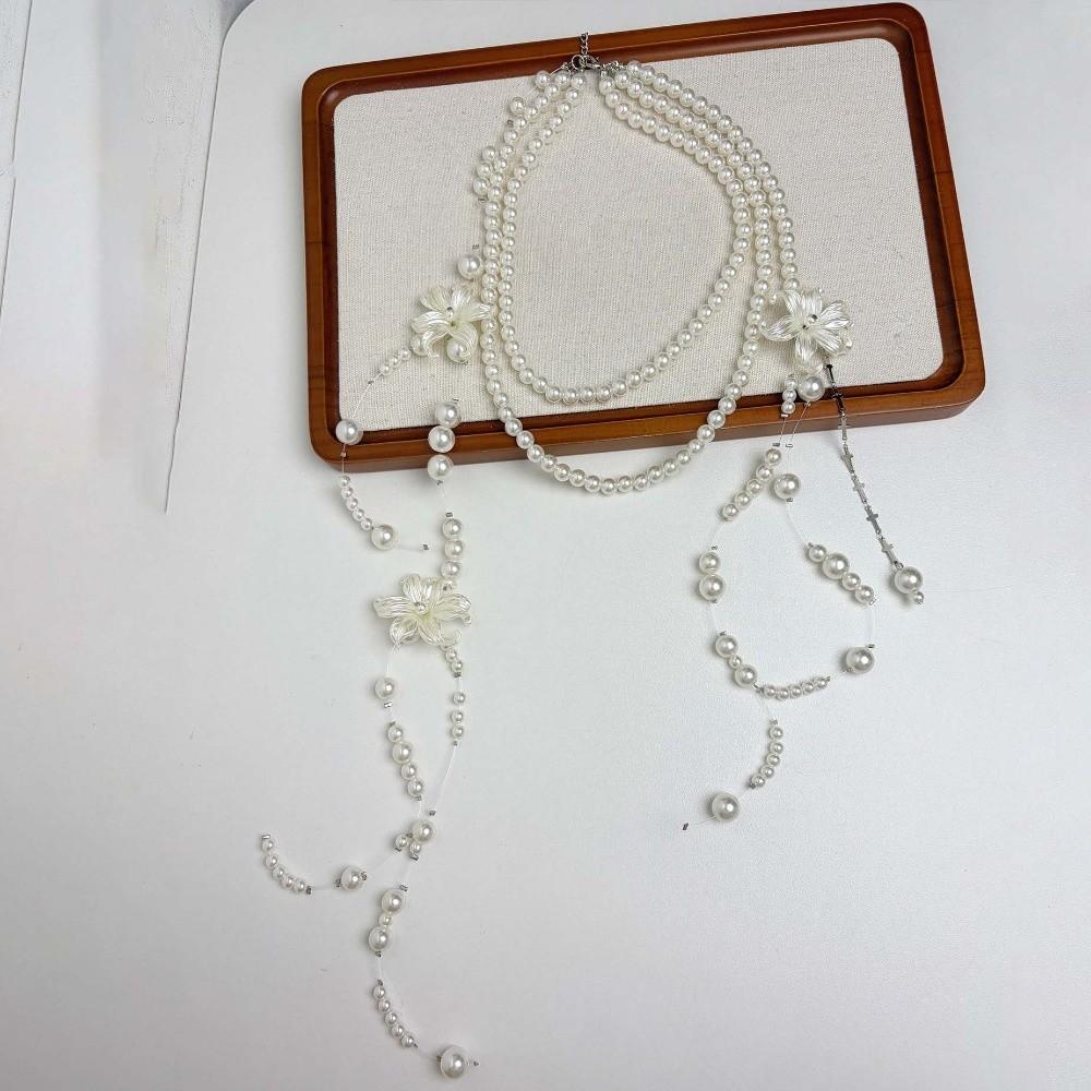 Faux Pearl Lilium Flower Pearl Necklace Multi Layer Stacked Flower Choker Vacation Look