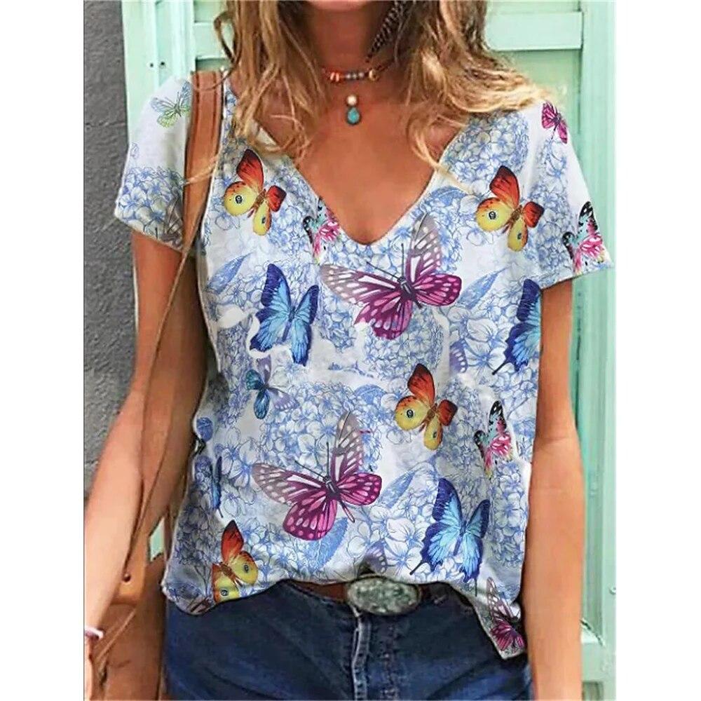 Женские футболки, модные топы с v-образным вырезом, красочная футболка с бабочкой, женские короткие повседневные футболки с цветочным принтом, летняя одежда больших размеров