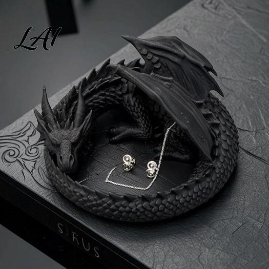 Ring Storage Tray 3D Printed Dragon Jewelry Tray Coiled Figurine Key Bowl Fantasy Necklace Display Stand Desktop Organizer for Earrings Necklaces,