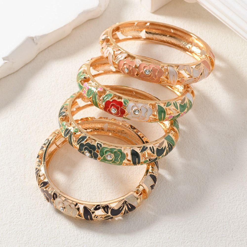 Эмалевый браслет-манжета с полым цветочным узором, двойной браслет, женский браслет на руку, винтажный браслет-клуазонне, женский