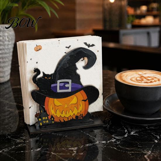 Autumn Seasonal Ornament Halloween Wooden Napkin Holder, Ghost Pumpkin Decorative Tabletop Tissue Dispenser, Desktop Holder Paper Storage Organizer
