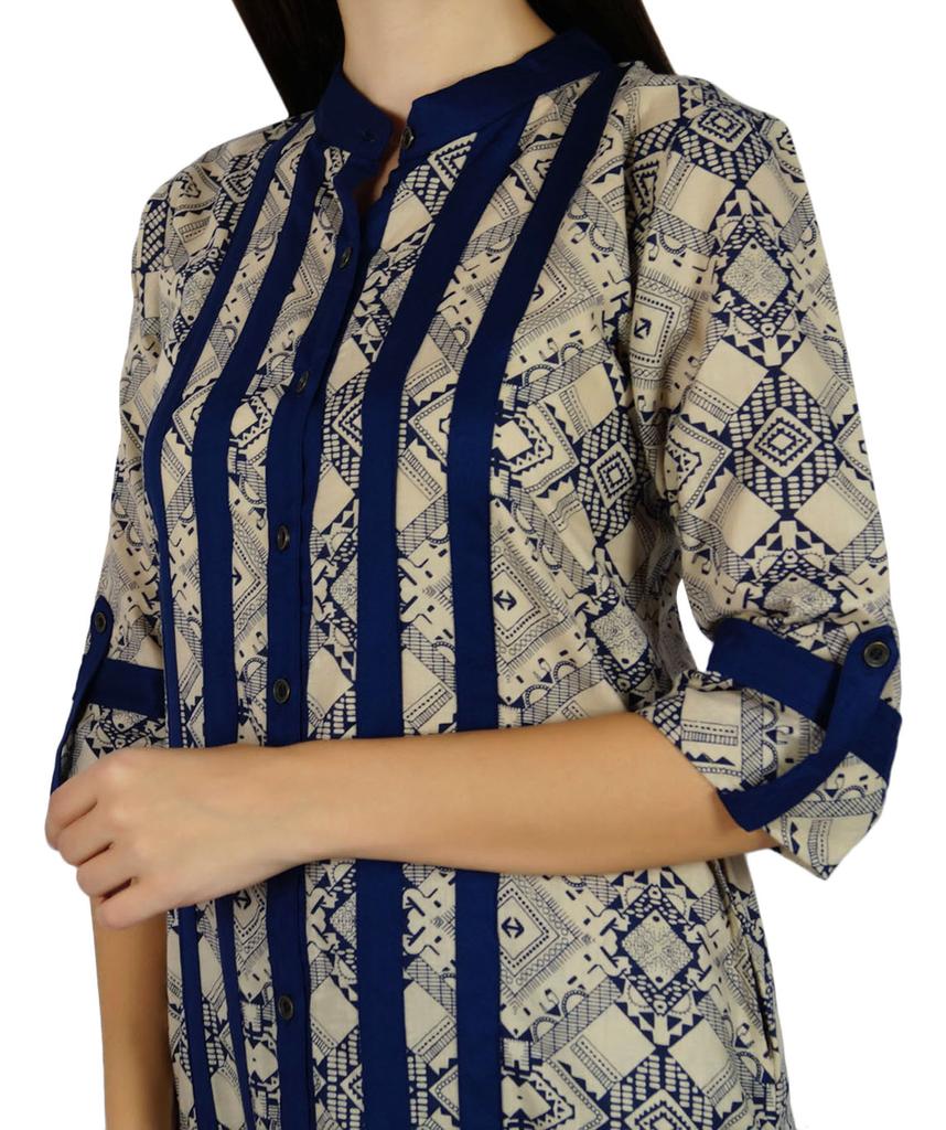 Bimba Women Blue Mandarin Collar Cotton Kurta Straight Kurti With Pockets Casual Summer Tunic