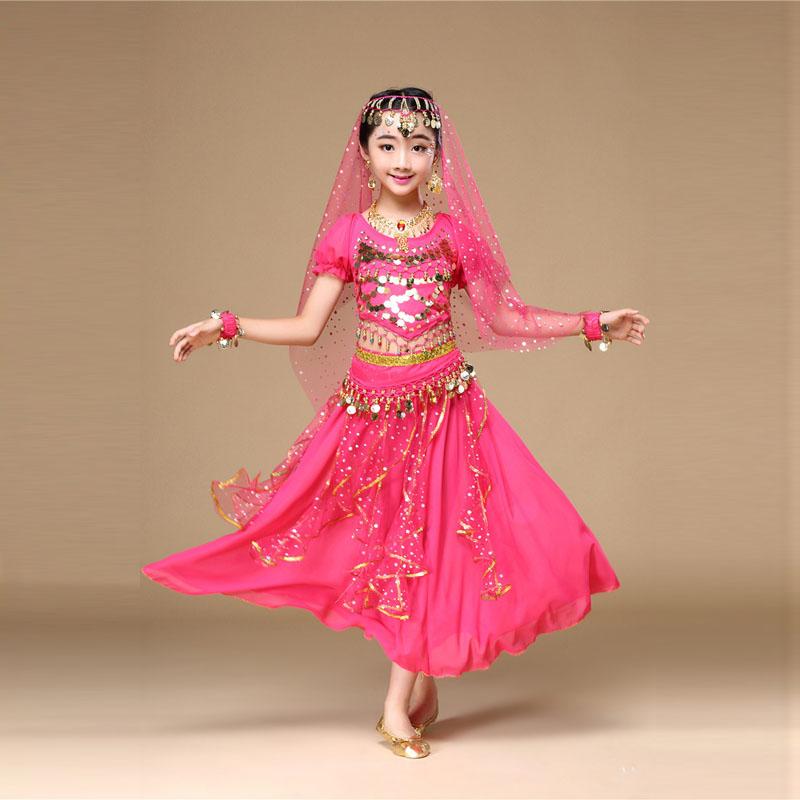 Girl Kids Tulle Indian Belly Dance Clothing Children Performance Costume Tops+Skirt 2pcs Dance Set
