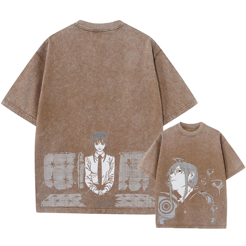 Chainsaw Man Аниме Манга Стираная футболка Короткие рукава Футболки большого размера Новинка Мужские топы Уличная одежда Печатный