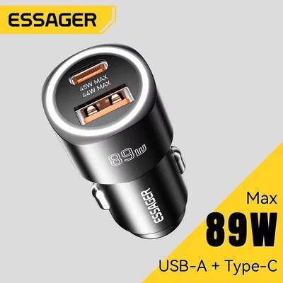 Essager Автомобильное зарядное устройство USB C 89 Вт, 2 порта, сверхбыстрая зарядка PD QC 3.0, автомобильное зарядное устройство для iPhone 15, Xiaomi, Huawei, Oneplus, Realme
