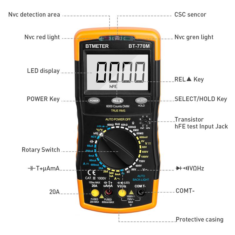 BTMETER Digital Portable Multimeter 6000-count LCD Display Measure DC AC Voltage Current Resistance Capacitance and More