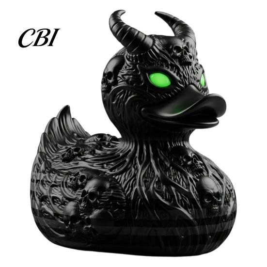 Hand Carved Resin Crafts Gothic Devil Skull Duck Ornament, Matte Black Figurine, Vines Relief Art Horror Green Eyes Decor Ornament for Halloween Party