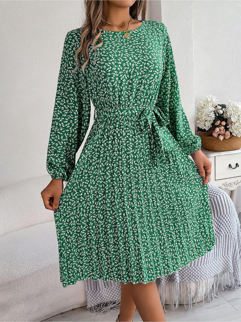 Round Neck Print Flower Dress Waist Hugging Elegant Pleated Dress for Women Long Sleeve Loose Dresses Causal Dress