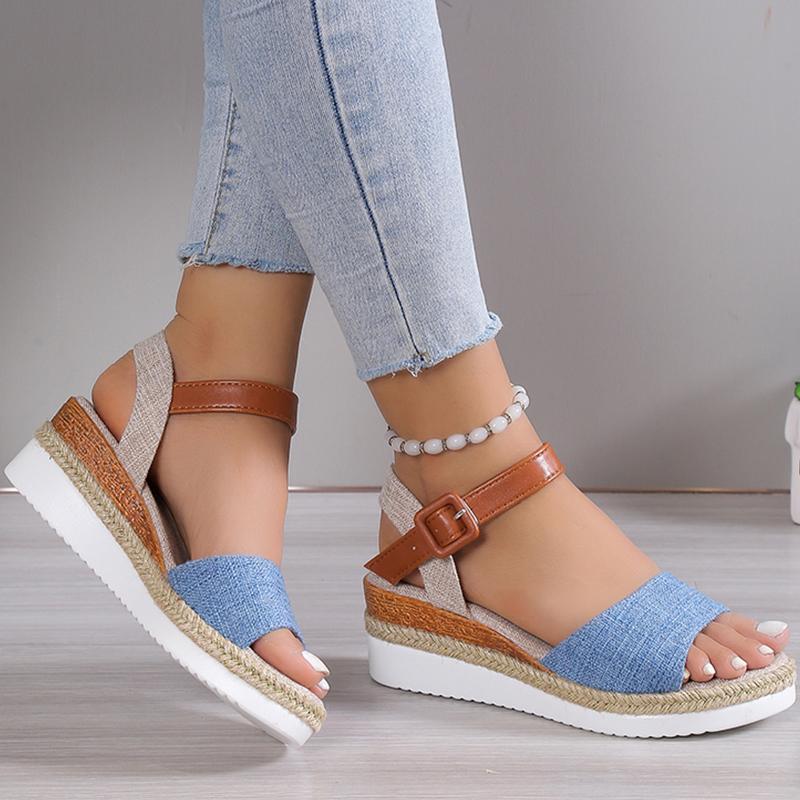 Женские босоножки с открытым носком на танкетке и каблуках. Летняя обувь. Женские босоножки на низкой платформе. Нескользящие туфли на конопляном каблуке.