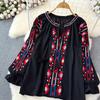 Summer Vintage Women Blouse Embroidered Puff Sleeve Color Block Ethnic Style Camisa Feminina Casual Tops
