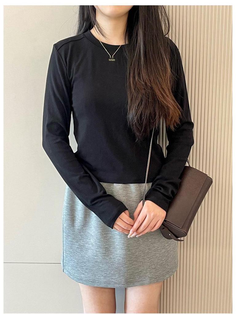 Женский топ с круглым вырезом, осенний, 2025, с косточками на плечах, приталенный, с длинным рукавом