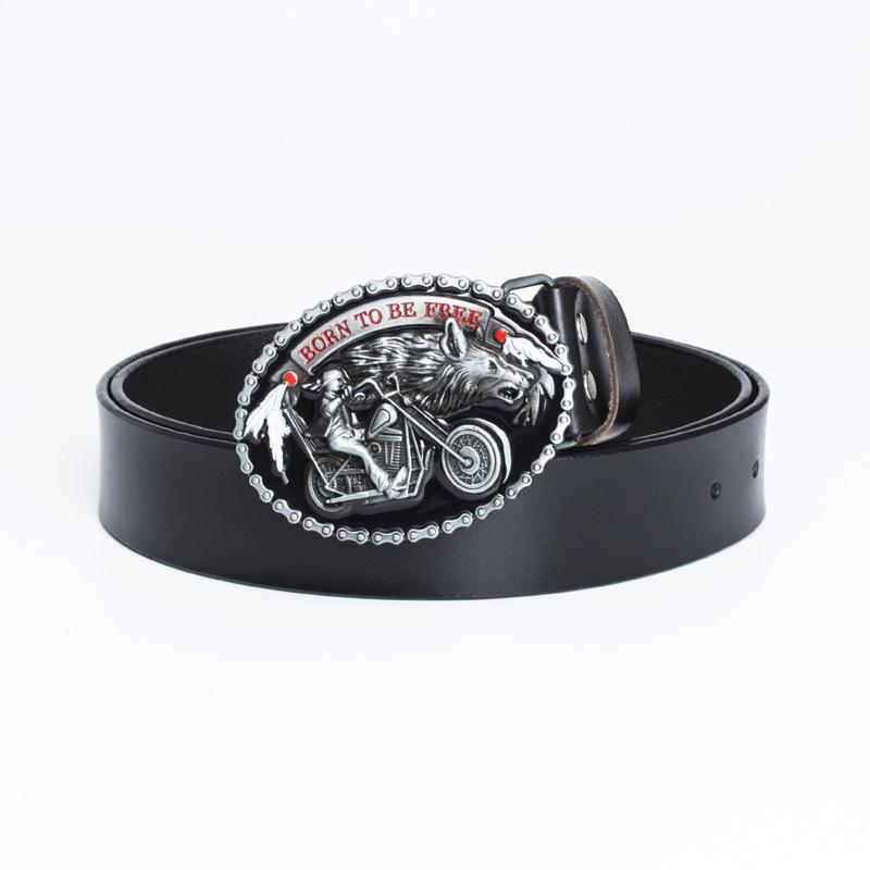 Ремень с пряжкой из сплава Big Wolf Head, двухслойный ремень из коровьей кожи, повседневный ремень из денима с гладкой пряжкой