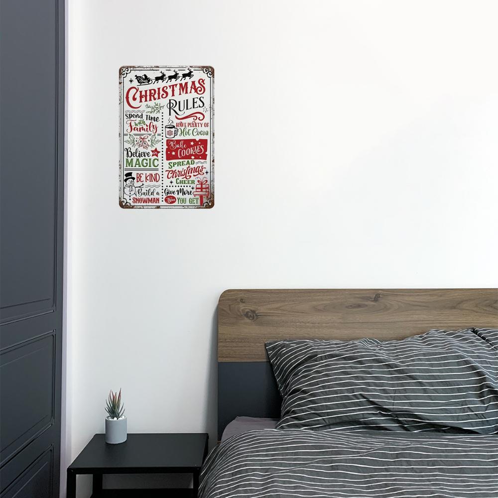 INEED Christmas Rules Metal Sign Wrought Iron Wall Art Decor with Pre-drilled Holes, Humorous Holiday Home and Bar Wall Decor