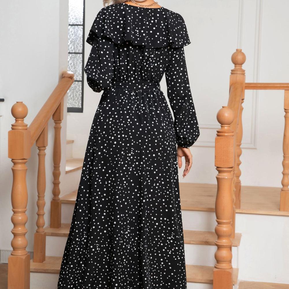 IHUASU Женское платье-фонарик с принтом в горошек, оборками на шее и длинными рукавами, с запахом, разрезом, свободные длинные платья