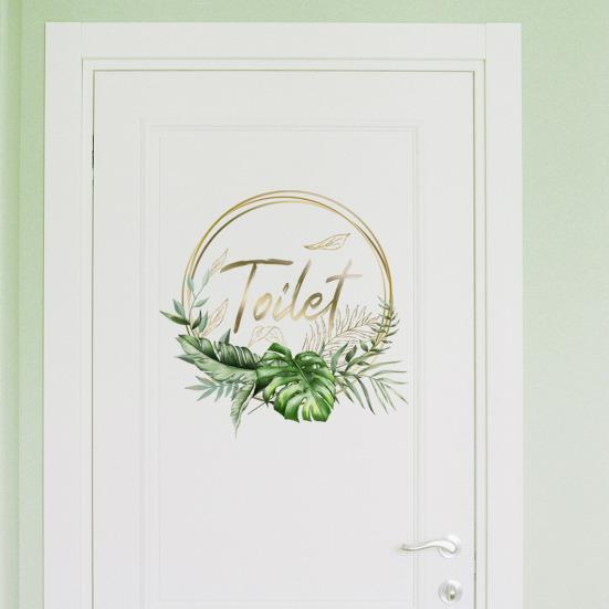 Green Plant Toilet Door Sticker Golden Letter Removable Self-adhesive Waterproof PVC Bathroom Decoration Decal Home Supplies