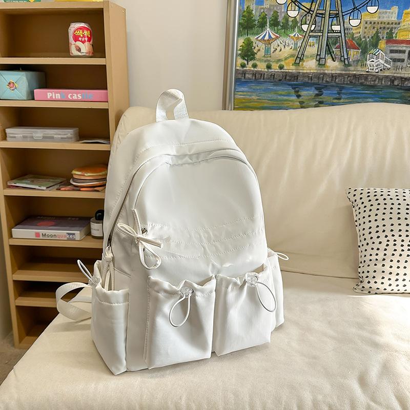 Простой однотонный женский рюкзак с двойным карманом, на шнурке, легкий, студенческий, милый, для путешествий, с бантом, сумка студента колледжа