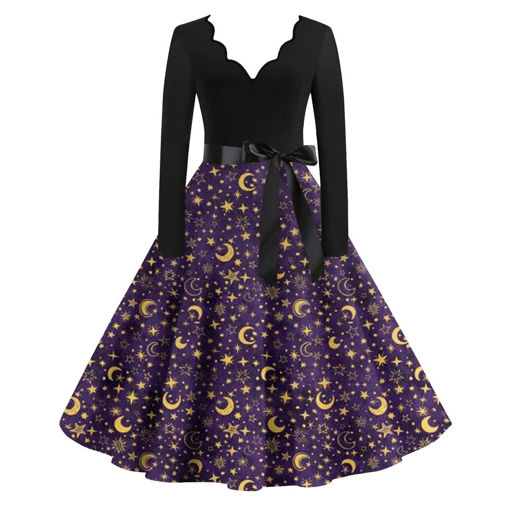 Женские повседневные модные винтажные длинные платья с длинным рукавом на Хэллоуин и графическим принтом